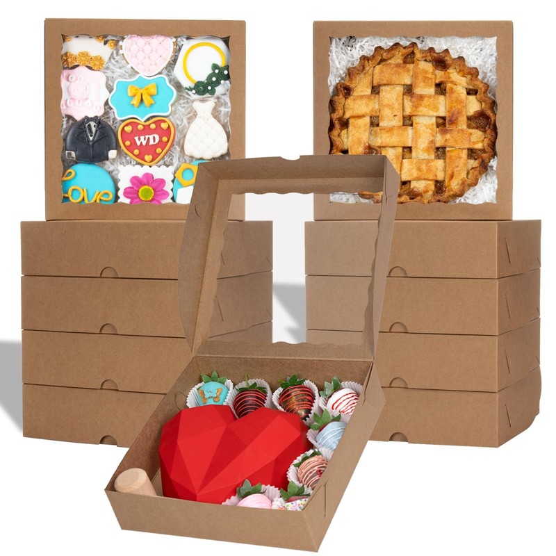 50pcs 9x9x2.5 Inch Brown Bakery Boxes with Window, Pie, Cookies, Chocolate Co…