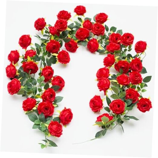 2Pcs 12Ft Bendable Artificial Flower Garland Faux Rose Vine Hanging 2pcs Red