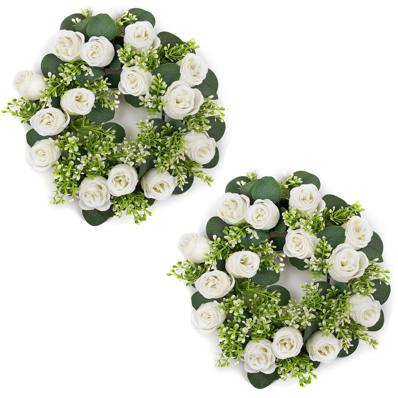 Nuptio Flower Candle Rings For Centerpieces 13.4 Inch Artificial Rose Wreath