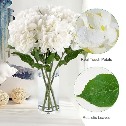 5Pcs Realistic Hydrangea Artificial Flowers with Stems 21 Inch Lifelike White gallery