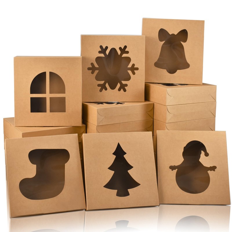 12 PCS Christmas Cookie Boxes Window 8x6x2.5 Inch Brown Bakery Treat Box Set