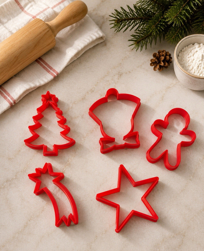 Red Plastic Christmas Cookie Cutter Set 5pc Easy Clean Tree Bell Gingerbread
