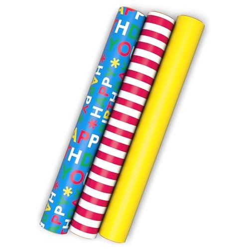 Image Arts Birthday Wrapping Paper Mini Rolls, 3-Pack (Red and White Stripes,
