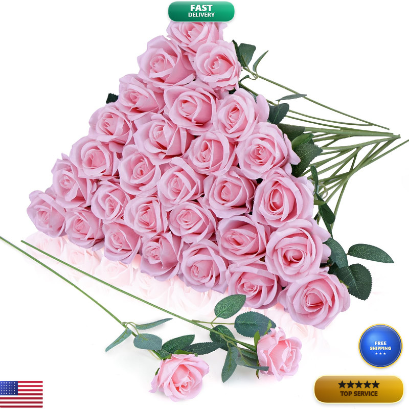 Lpreutwn 30Pcs Fake Roses Artificial Silk Flowers Long Stems Bouquet For