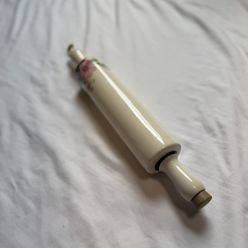 White Ceramic Rolling Pin w/ Handles, Multicolor Floral & Garden Pattern gallery