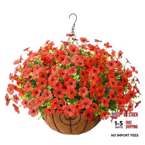 Artificial Faux Hanging Plants Flowers Basket Outdoor Porch Garden Spring Red