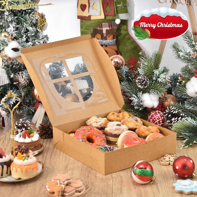 12 PCS Christmas Cookie Boxes Window 8x6x2.5 Inch Brown Bakery Treat Box Set gallery