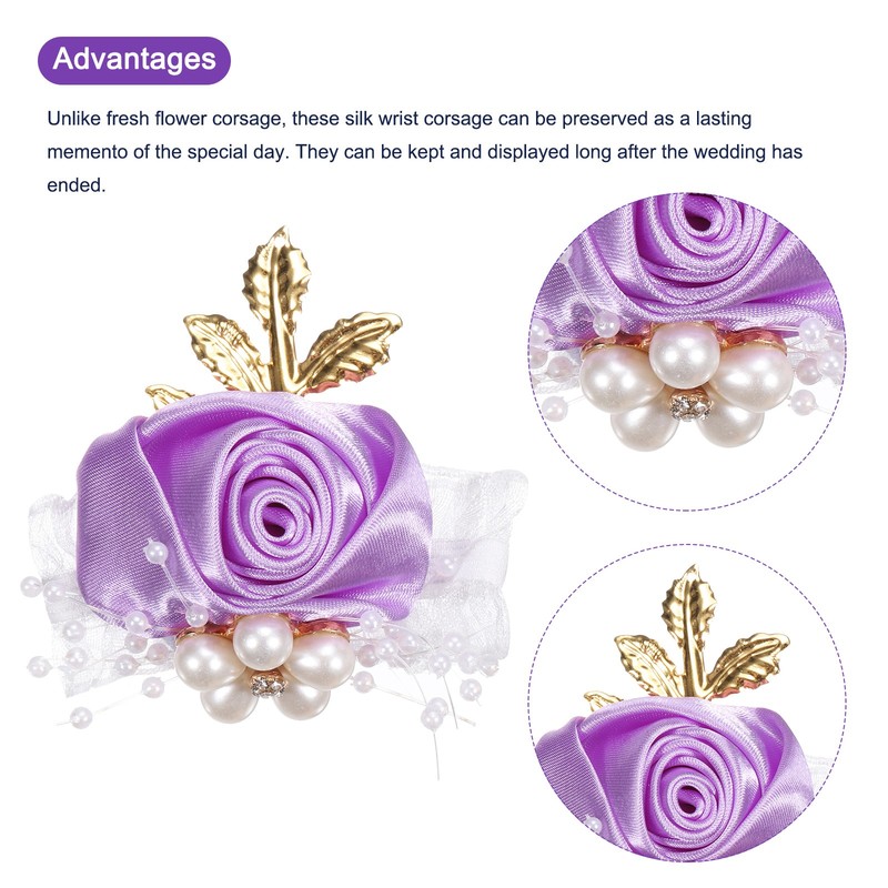 2pcs Wrist Corsage Artificial Flower Bracelet Rose Decorative 7x7cm Light Purple gallery