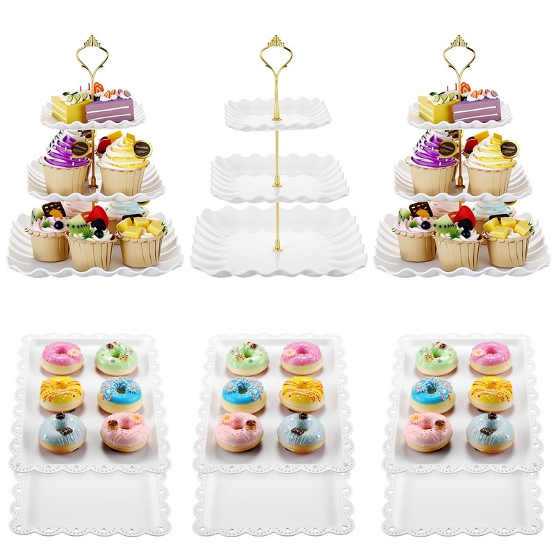 9 Pcs Cake Stand Plastic Dessert Table Display Set, 3 Pcs 3-tier Cupcake Stan…