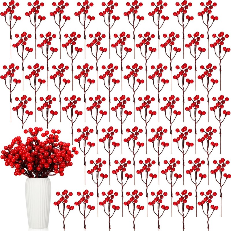 80 Pcs Christmas Artificial Red Berries Stems H 7.1 Inch Faux
