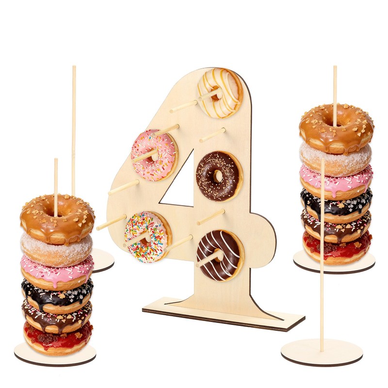 Donut Display Stand, 1Pcs Digit Donut Wall 4Pcs Round Bagel Holder, Number 4