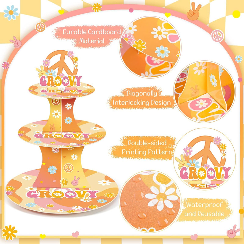 3 Tier Groovy Hippie Cupcake Stand Party Decorations – Retro Boho Holder with…
