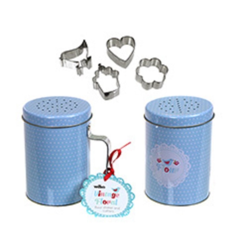 5pc Wilko Vintage Blue Polka Dot 6″ Flour Shaker & 4 Cookie Cutter Xmas Gift Set
