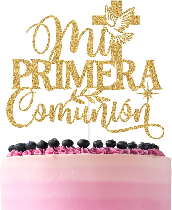 Gold Glitter Mi Primera Comunion Cake Topper, Spanish My Baptism/First Holy Comm
