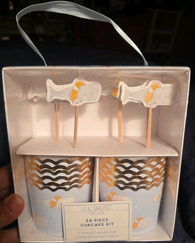 SARA FITZ 24 Pc. Cupcake Kit 12 Liners/ 12 WHALE Toppers Gold Foil Edges So Fun!