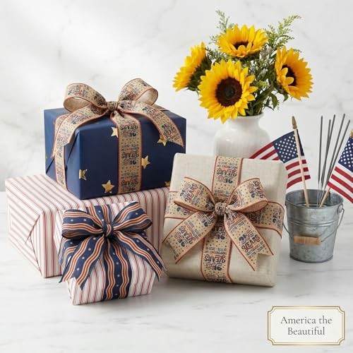 Threetols 2 Rolls 10 Yards 250th Anniversary USA Patriotic Wired Edge linen gallery