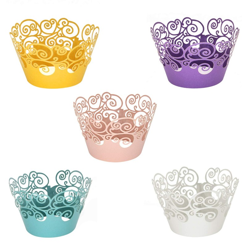 100-Pack 5-Color Filigree Artistic Cupcake Wrappers Laser Cut Liner Style 2