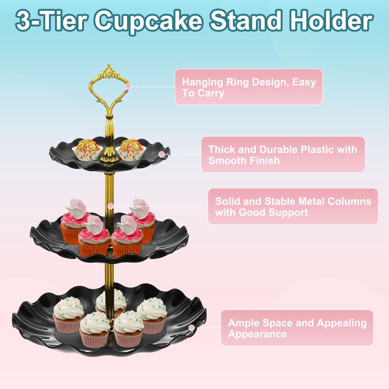 3-Tier Cupcake Stand Holder, Plastic Tiered Serving Dessert Tower, Black gallery