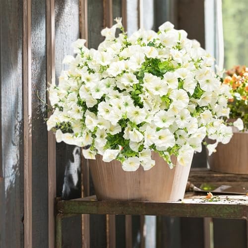 Artificial Fake Flowers Plant for Outdoors, 16 Bundles Faux Morning Glory White gallery