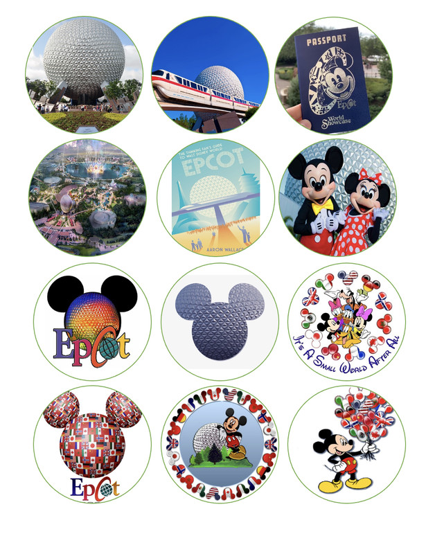 set of 12 disney epcot edible paper, cupcake cookie toppers CHOOSE SIZE