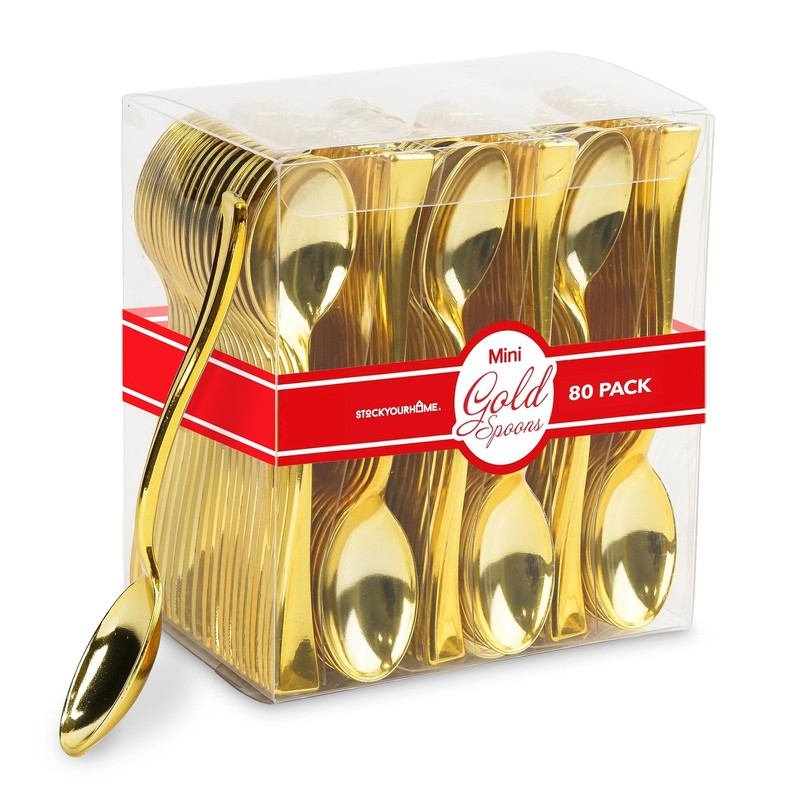 Gold Plastic Mini Spoons Disposable, 4 inch (80 Pack) Tasting Spoon, Dessert …