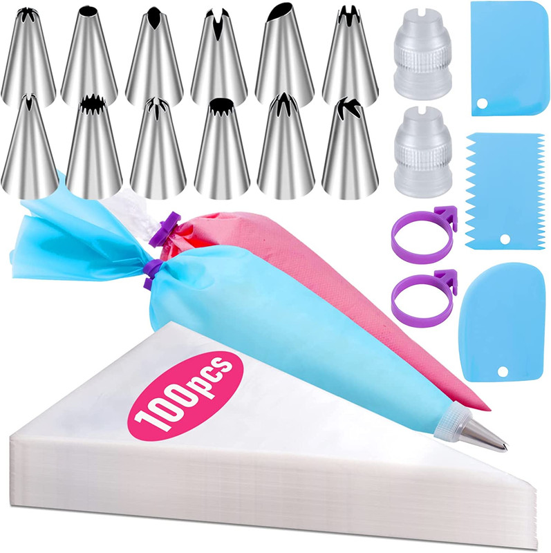 Piping Bags and Tips Set, 100Pcs 12 Inch Pastry Bags, Icing Bags Disposable for gallery