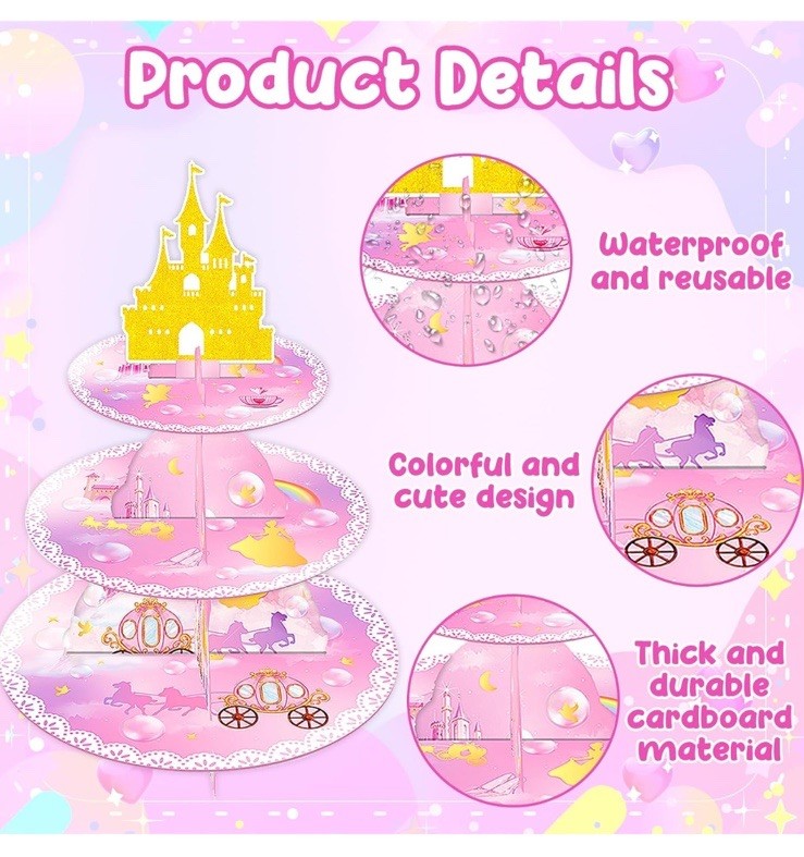 Three Tier Pink Princess Themed Cupcake Stand With Gold Castle / New 🏰 gallery