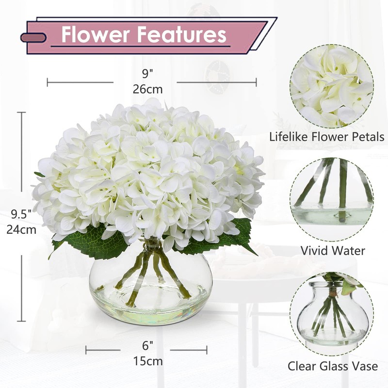 Hollyone Hydrangea Artificial Flowers Vase White Silk Fake Flowers Arrangements gallery
