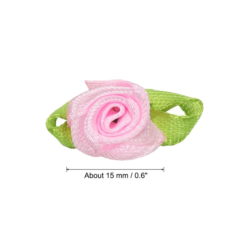 Mini Ribbon Roses, 200 Pcs Tiny Satin Fabric Flowers with Green Leaves, Pink gallery