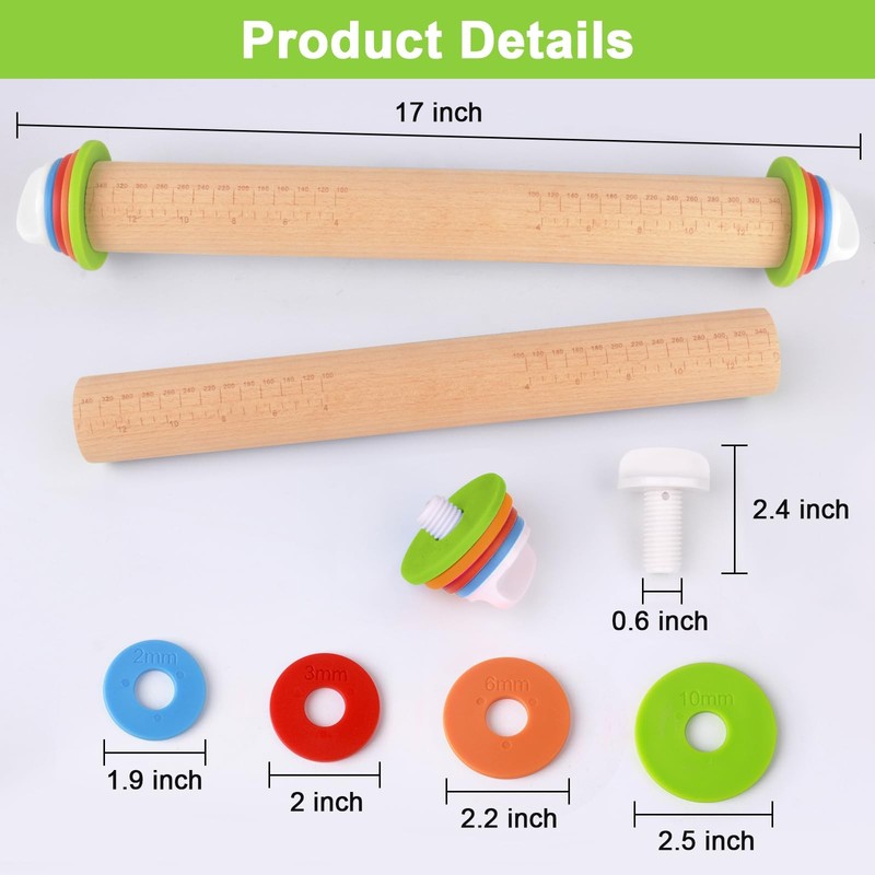 Wood Rolling Pin with Thickness Rings, Adjustable Wooden Rolling Pins for Bak... gallery