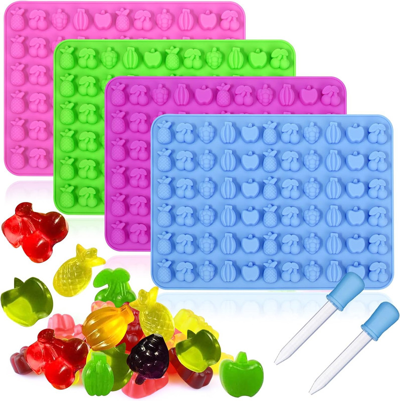 4PCS Fruit Snack Molds Silicone, Gummy Molds Trays with Dropper for Candy