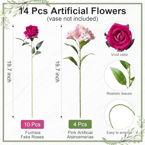 Fake Flowers, 14 Pcs Fake Roses & 10 Pcs Hot Pink Roses & 4 Pcs Pink Lilies gallery