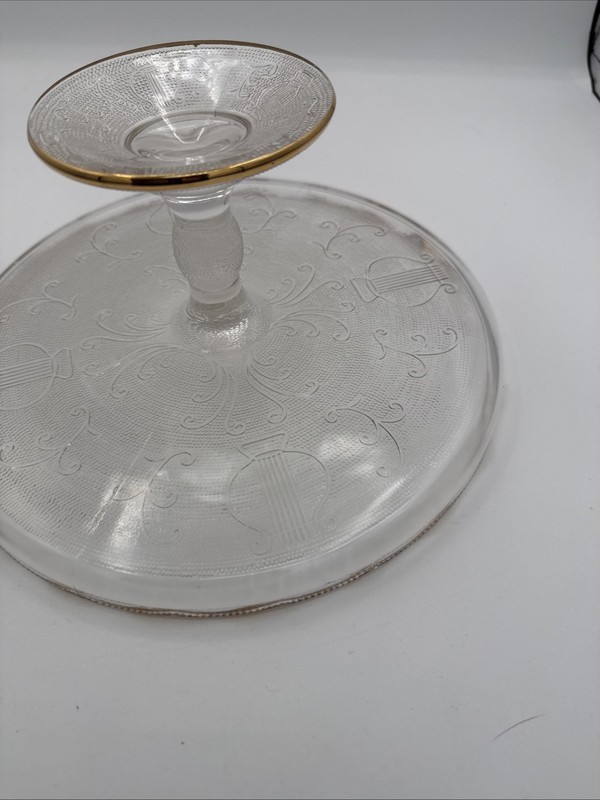 Jeanette Harp Glass Pedestal Cake Plate Stand Scalloped Edge w/Gold 10" gallery