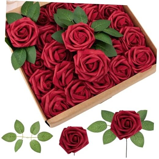 100Pcs Fake Roses Artificial Flowers with Stems, Valentine’s Day 100pcs Red