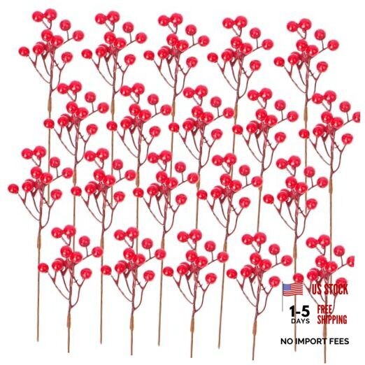 Grunyia 20 Pack Christmas Artificial Red Berry Stems Fake Holly Berry Pick for