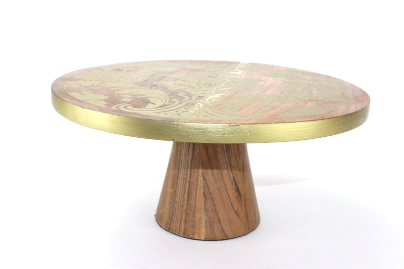 Thirstystone Wood Cake Stand with Gold-Tone Damask Design New gallery