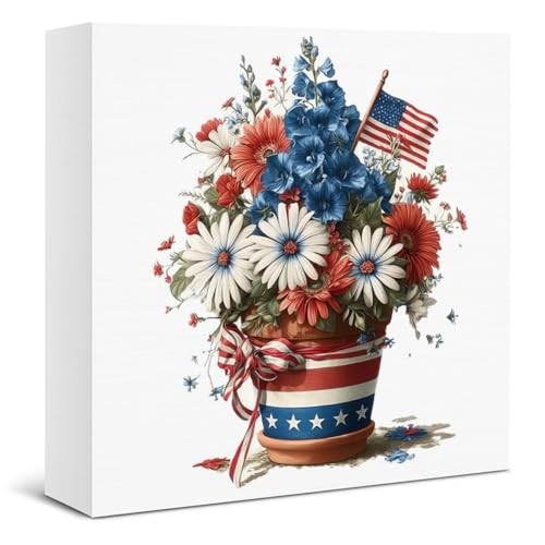 4th of July Decor American Floral Bouquet Wooden Sign, July 4th color-H