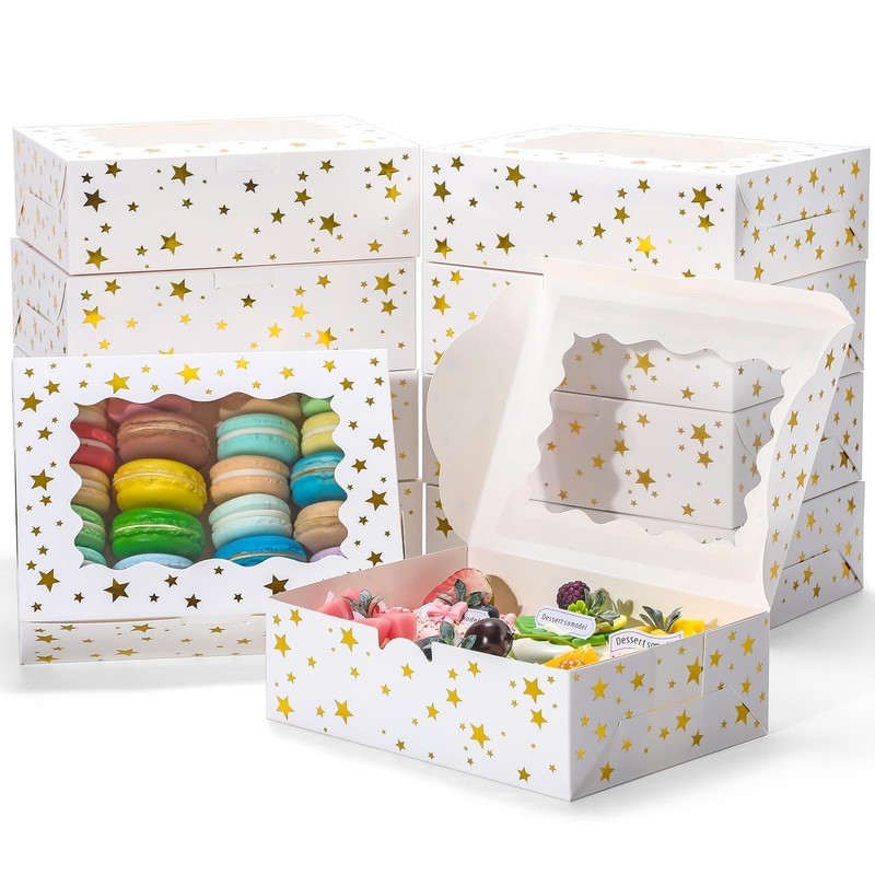 Christmas Cookie Bakery Boxes Window Gold Foil Star 8x6x2.5 Inch 10 PCS