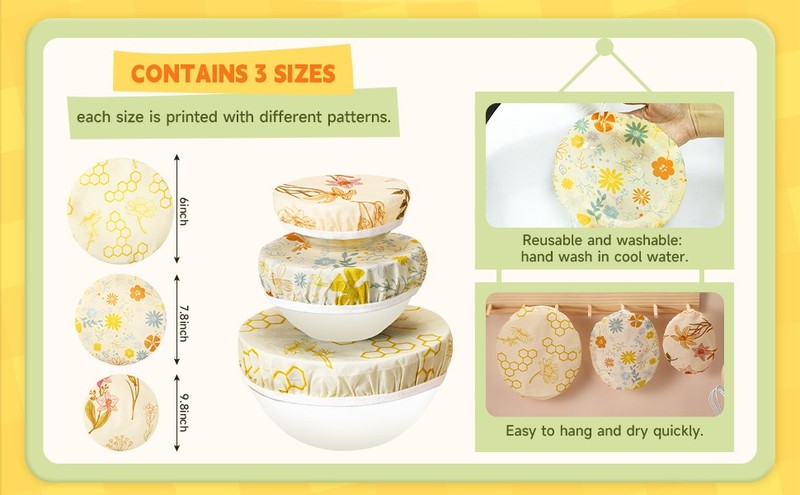 6 Pcs Reble Beeswax Bowl Covers for Bread Proofing 6/8/10 Inch Elastic gallery