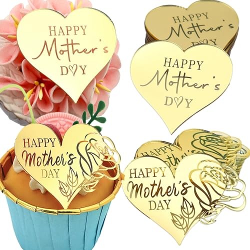 Happy Mother’s Day Heart Cupcake Toppers, Gold Mirror Acrylic, 24 Pieces,
