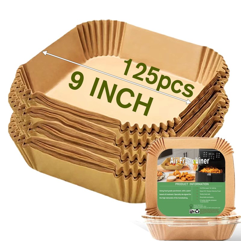 Large Air Fryer Disposable Paper Liners Square 9 Inch, 125 9”Square, Natural