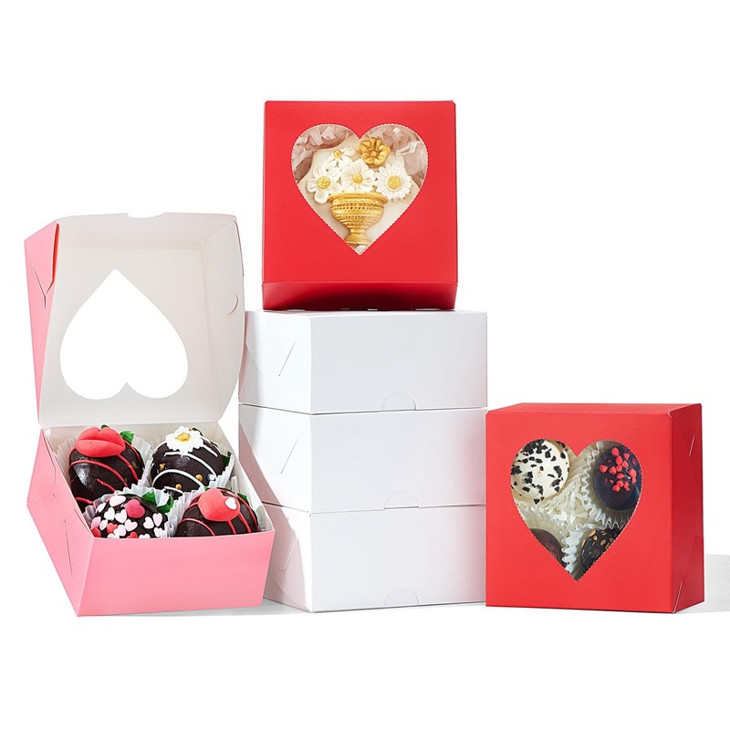 48Pack 4x4x2 Bakery Treat boxes with Heart Shaped Window Cookies Mini Baking