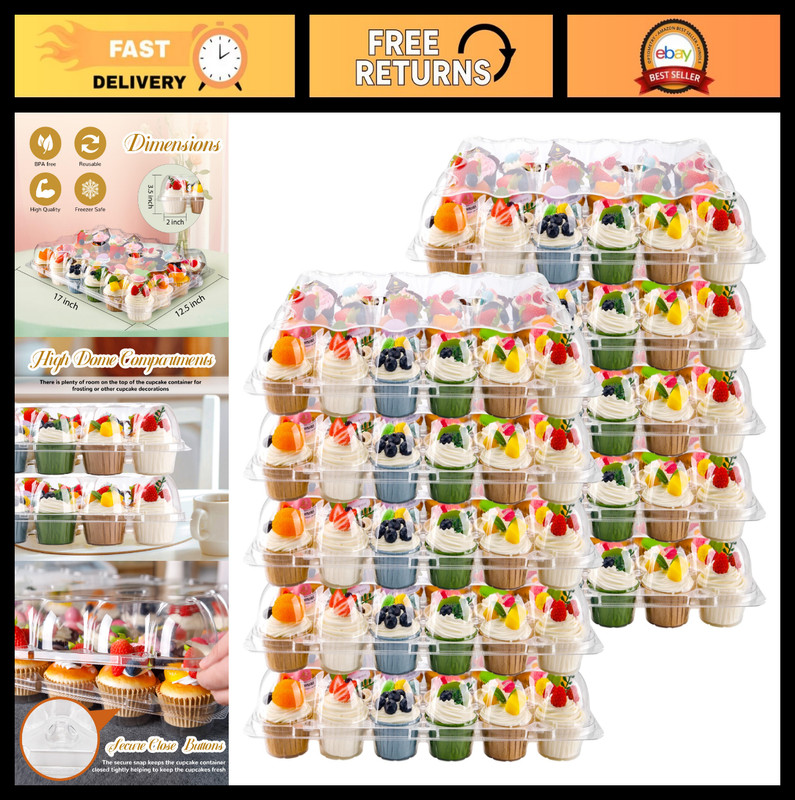 24 Count Cupcake Containers – Stackable Clear Plastic Holders with Tall Lids, BP