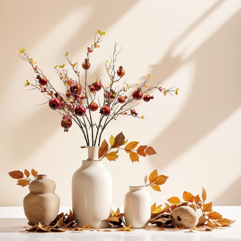 4pcs Red Berry Stems Pomegranate Faux Flowers with Fake Fall Leaves