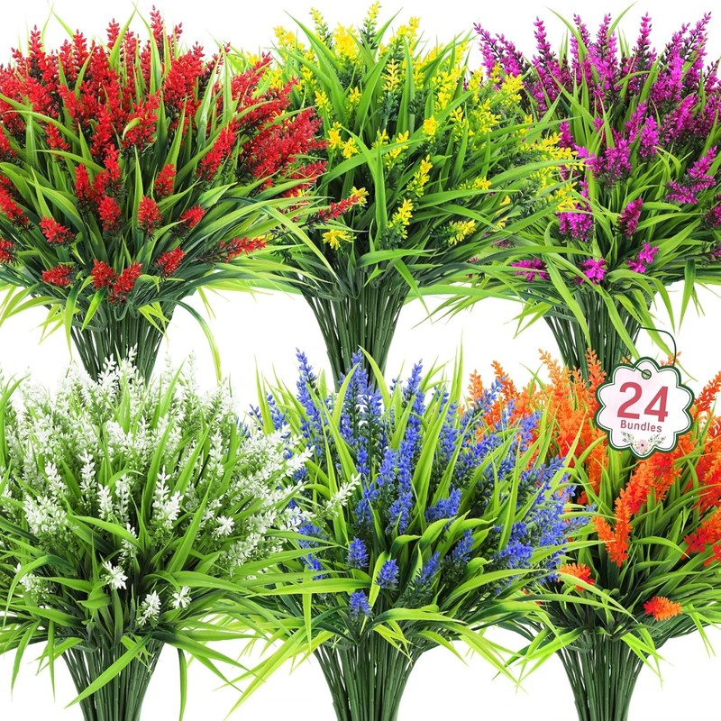 24 Bundles Artificial Flowers for Outdoors, Fake Lavender