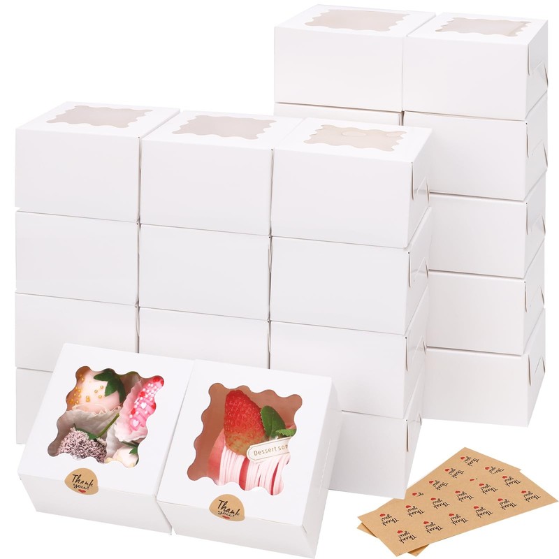 24pcs White Cookie Boxes, 4x4x2.5 Inches Bakery Boxes with Window, for Mini Cake