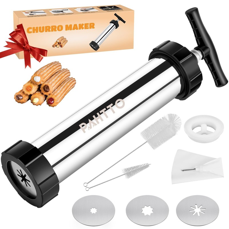 Stainless Steel Churro Maker Gun with Piping Bag, 2 Cleaning Brushes, 4 Nozzles