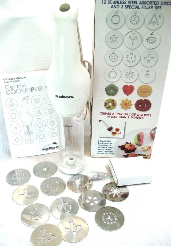 New in Box VINTAGE SALTON ELECTRIC COOKIE PRESS, 12 Discs & 3 Tips, Complete!