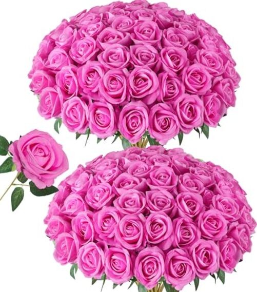 50 PCS Roses Artificial Flowers, Fake Roses with Stem Realistic Hot Rose Red gallery