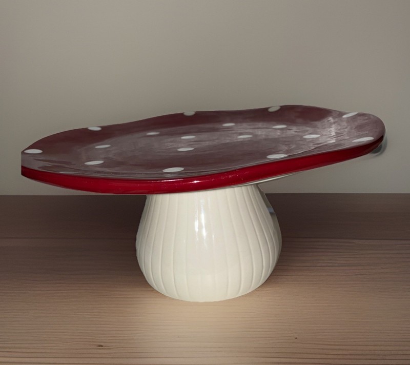 Ceramic Pedestal Mushroom Tray / Cake Stand Red Top With White PolkaDots 11” gallery